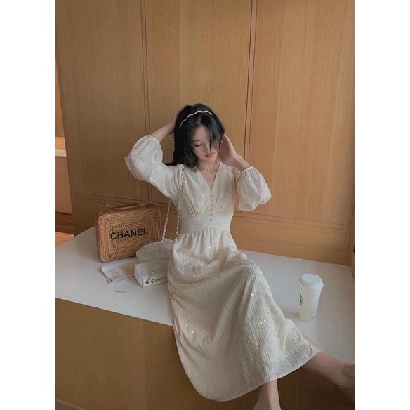 Đầm be xòe vải tơ kim sa cúc ngọc