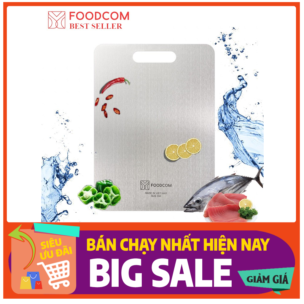 Chính Hãng Foodcom Việt Nam Size 30cm FC005 [Tặng 2 móc treo siêu dính]Thớt Inox SUS 304 bảo hành chính hãng Foodcom -Rã Đông-Kháng Khuẩn-Chống ẩm mốc-Chống xướt dăm-Không han gỉ - Tìm mua thớt 304  kích thướt 30 x 23cm