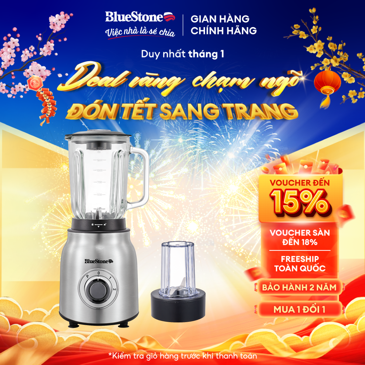 Máy Xay Sinh Tố BlueStone BLB-5341 ( 1.5 lít , 600W) - Cối Thủy Tinh, Lưỡi 6 cánh inox 304 - Bảo hành 2 năm - Hàng chính hãng