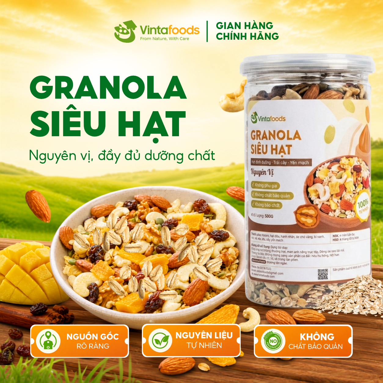 Granola siêu hạt VINTAFOODS, hạt ngũ cốc ăn kiêng giảm cân không đường tốt cho gym, yoga, mẹ bầu