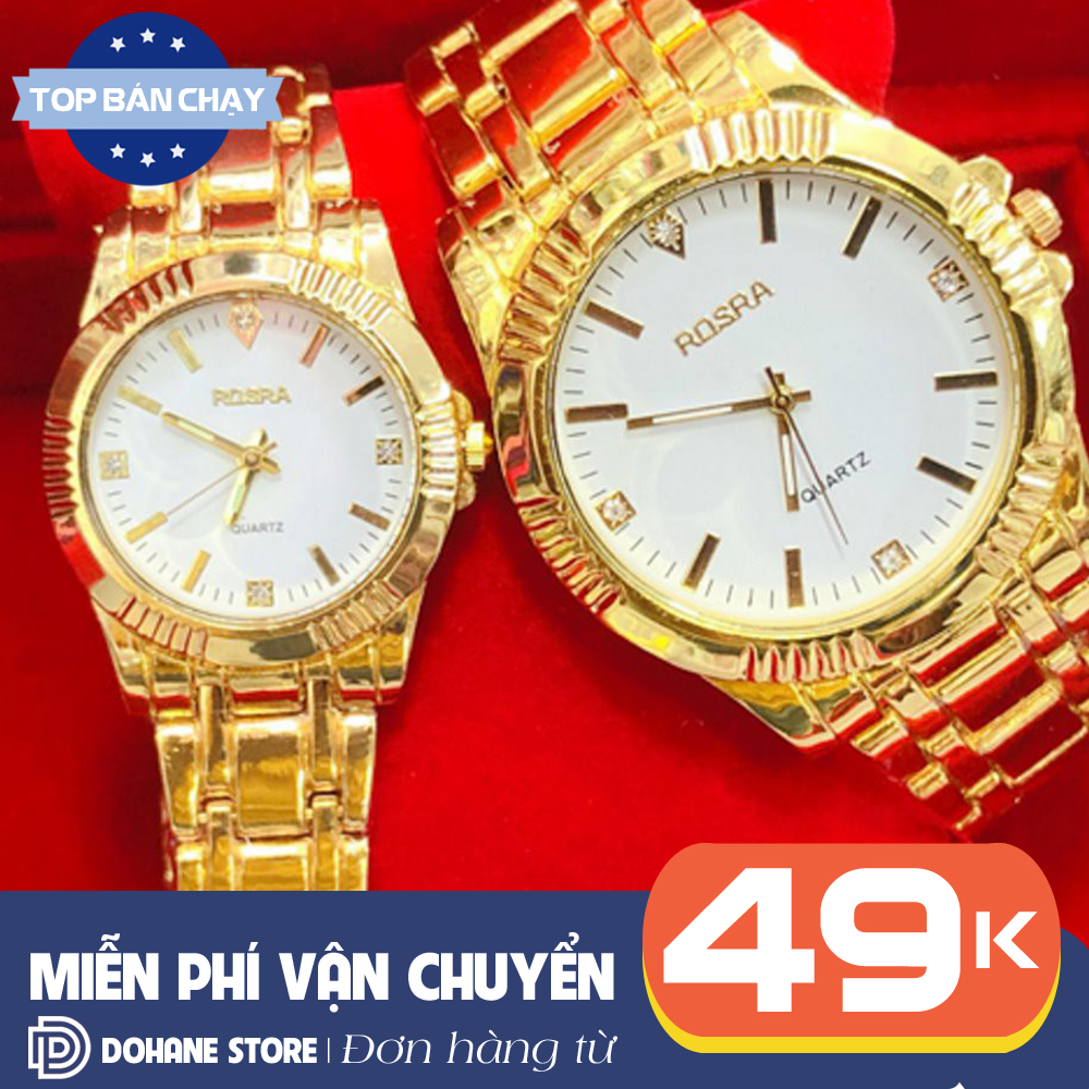 Đồng hồ cặp nam nữ chống nước dây thép vàng Rosra R194 máy kim chạy pin - Đồng hồ cặp tình yêu, tình nhân