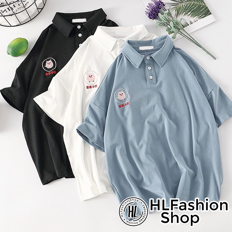 Áo thun polo có cổ tay lỡ Unisex thêu hình heo con cực xinh nam nữ, áo thun có cổ HLFashion