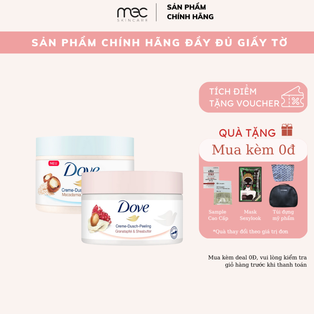 Kem tẩy da chết, tẩy tế bào chết toàn thân dove lựu đỏ và macadamia 225ml - mecskincare