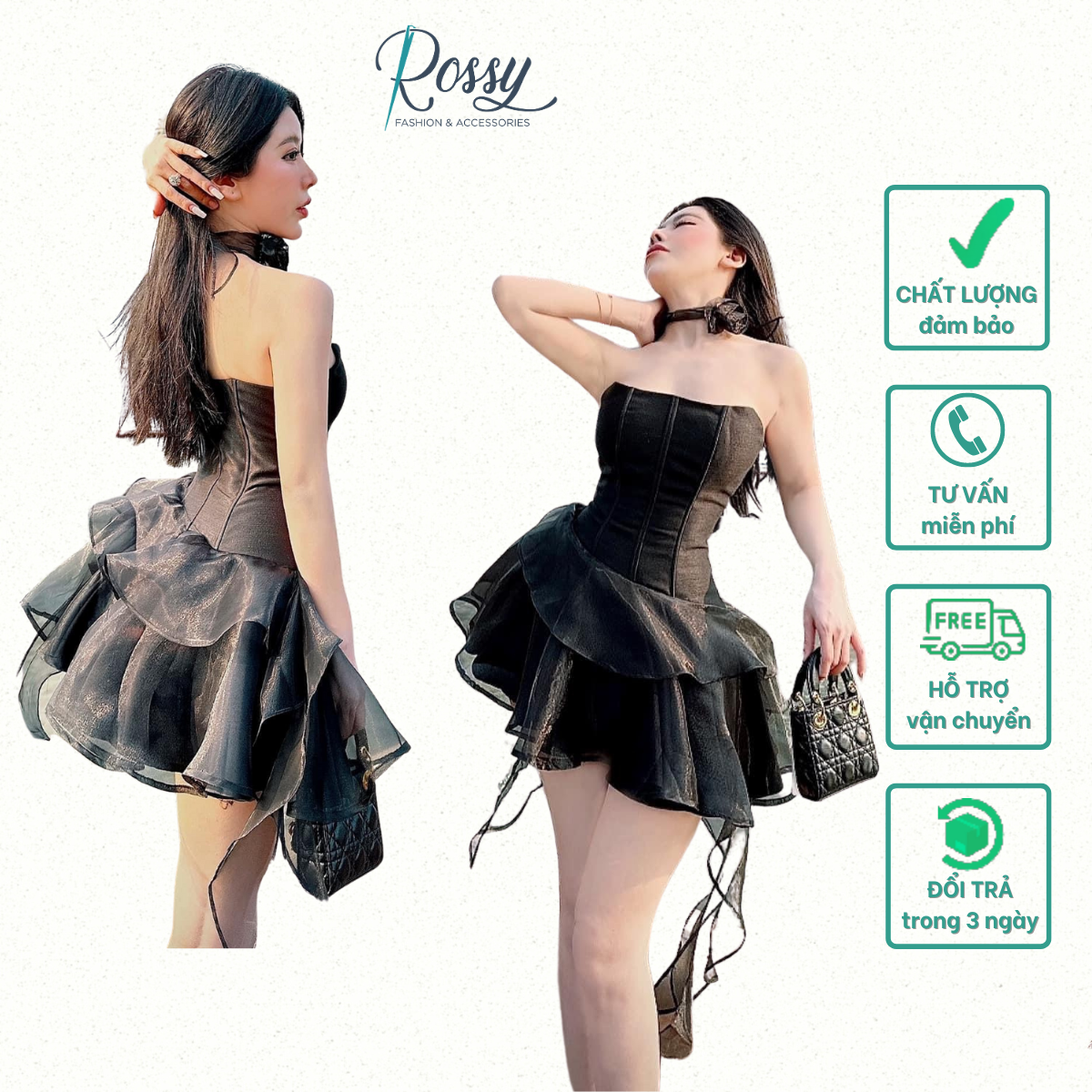 Đầm dự tiệc nữ đen dáng ống cúp ngực voan đen tầng xéo kèm chocker cổ Freesize Rossy Fashion - SR190
