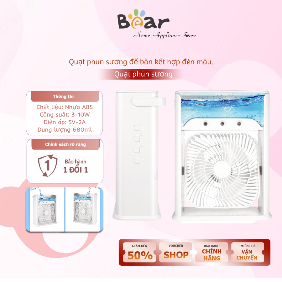 Quạt phun sương để bàn tích hợp đèn màu, quạt hơi nước dung tích 680ml