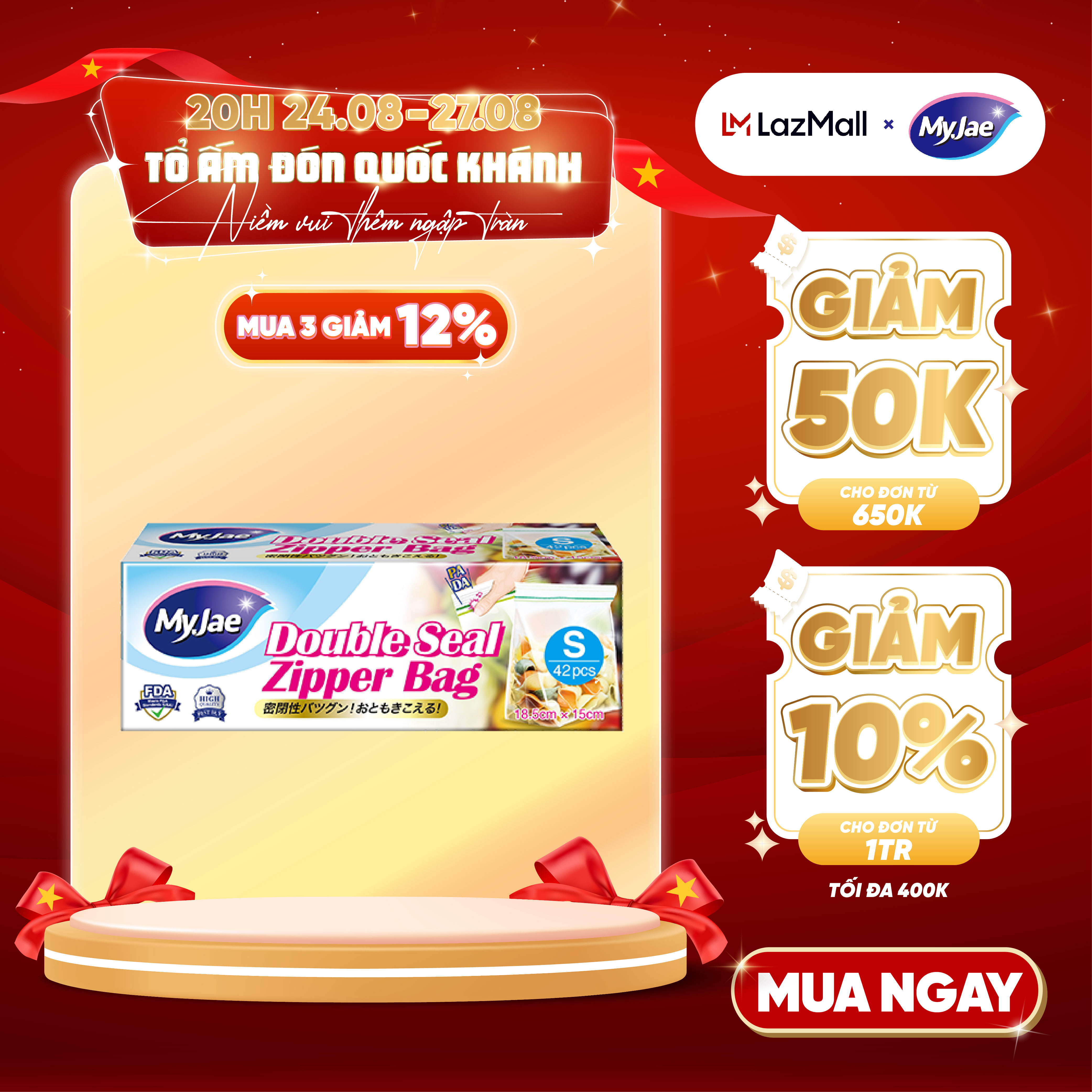 Túi zip đựng thực phẩm hai đường kéo PE MyJae, đáy đứng trong suốt, bảo quản thực phẩm