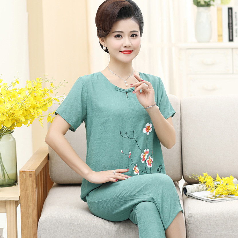 Bộ quần áo trung niên cho mẹ / Bộ quần áo mùa hè cho mẹ U45-60 / Thời trang mặc nhà chất đũi mát cho mẹ trung niên