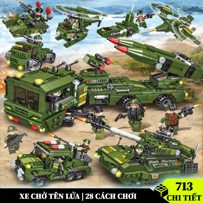 Đồ chơi lắp ráp xe tăng 713 chi tiết xe quân sự mô hình máy bay xe chở tên lửa xanh