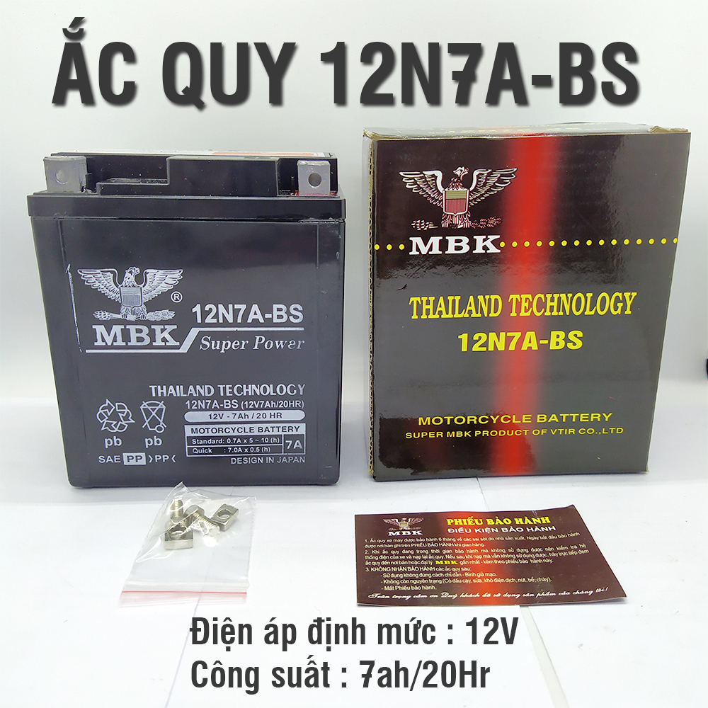 Ắc quy xe máy khô MBK 12v - 7Ah kích thước 110x67x130mm công nghệ Thái Lan mã 12N7A-BS (Bảo hành 12 tháng), ắc quy khô xe máy, bình ắc quy khô xe máy