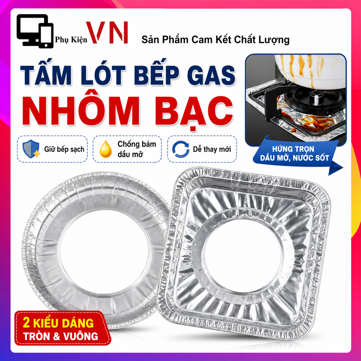 SET 10 Giấy Bạc Lót Bếp Ga Chống Dầu Mỡ Tròn Và Vuông - Tấm Nhôm Lót Kiềng Bếp Chịu Nhiệt, Ngăn Thức Ăn Trào Siêu Tiện Lợi - Tấm Lót Bếp Gas Nhôm Bạc Chống Dầu Mỡ Đa Năng