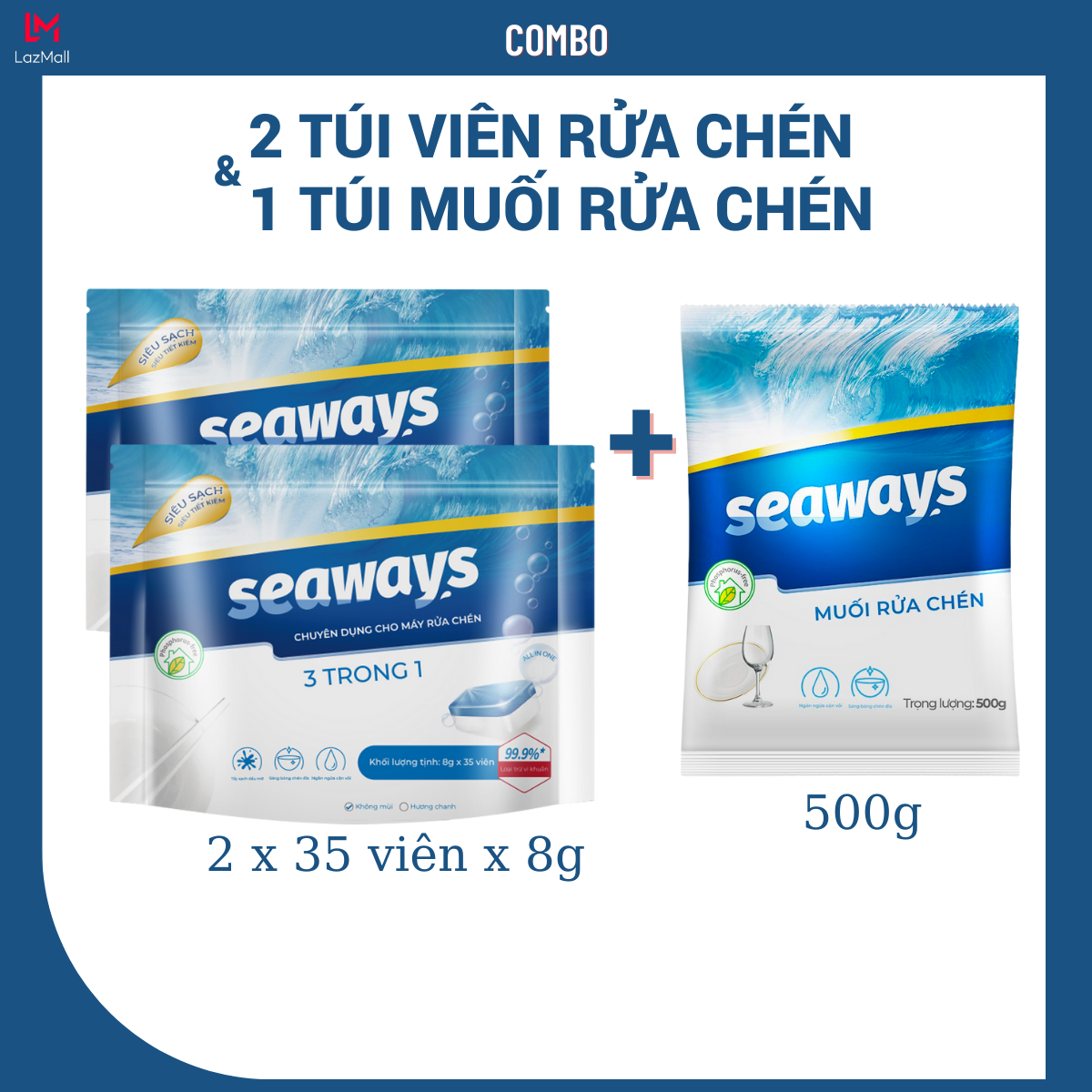 2 túi viên rửa chén Seaways túi 35 viên + 1 túi muối làm mềm nước 500gr dành cho mọi máy rửa chén bát