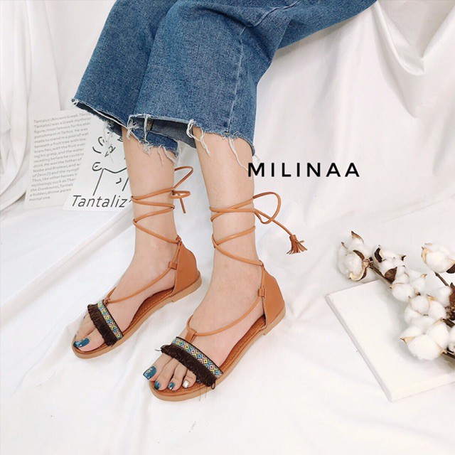 Giày sandal thổ cẩm buộc dây màu đen phong cách boho - tuaxanh