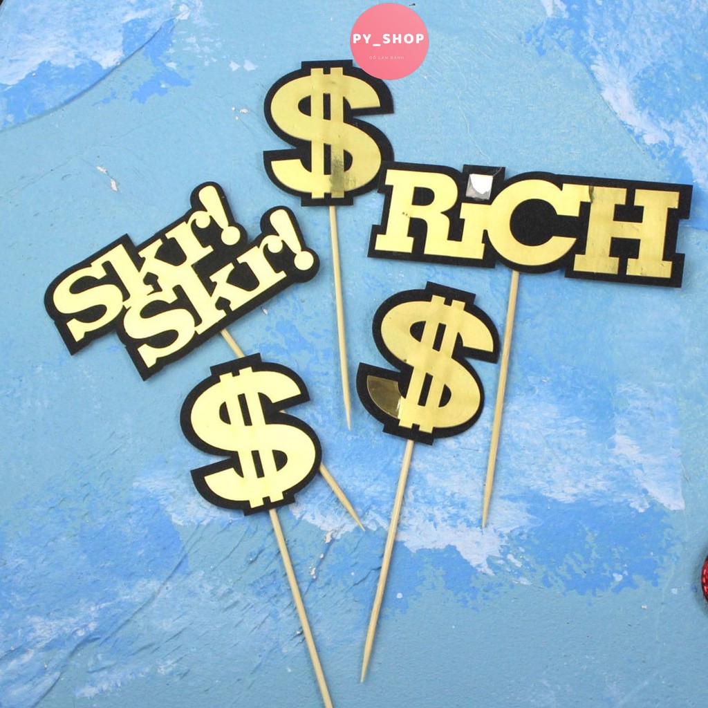 Set cắm chữ tiền $, rich, skr trang trí bánh kem, set cắm bánh