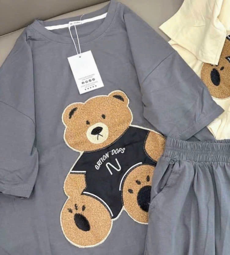Đồ bộ nữ form rộng nữ chất thun co dãn GẤU TEDDY NGỒI, Sét áo thun quần đùi form rộng chất thun co dãn 4 chiều