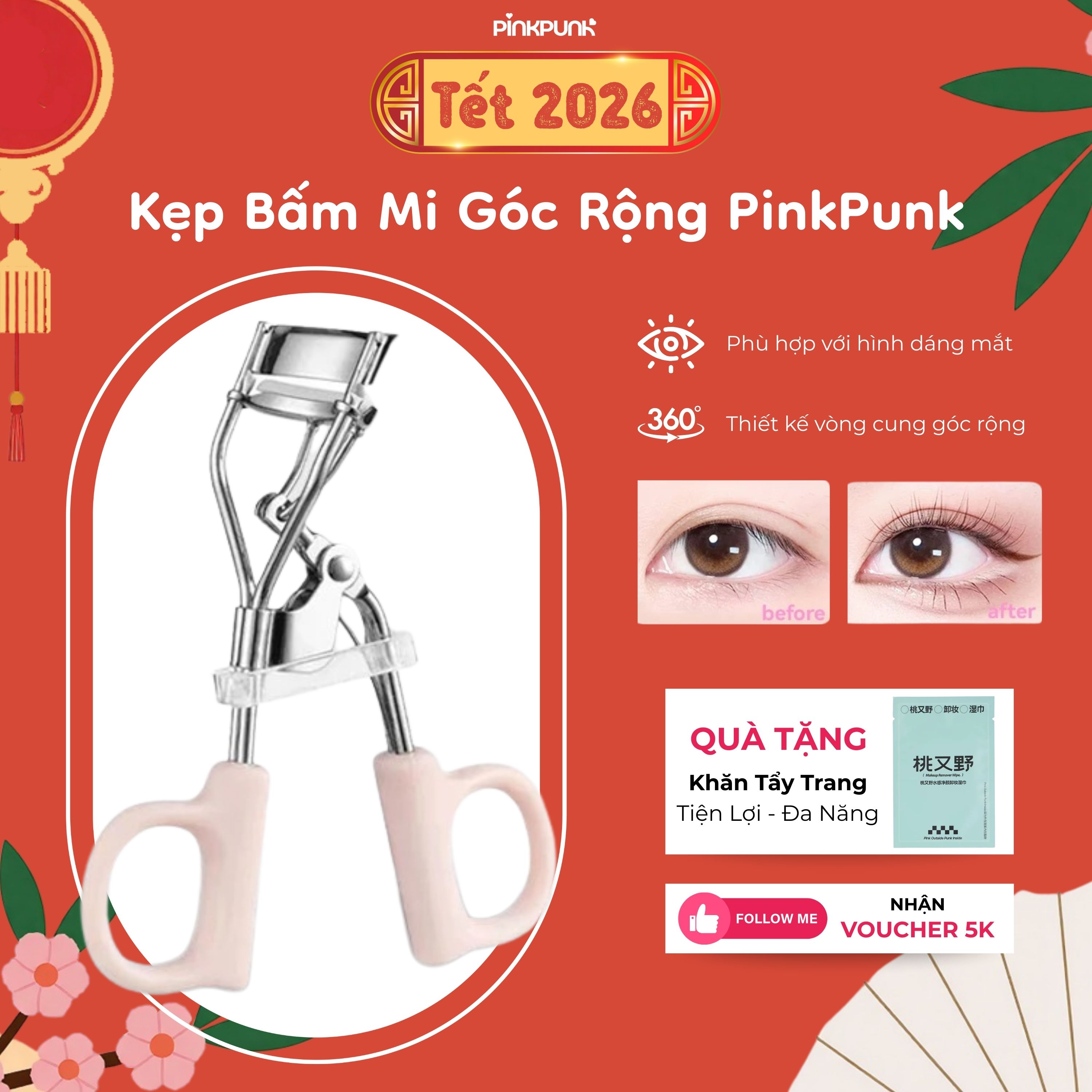Kẹp Mi Bâm Mi Góc Rộng PinkPunk Uốn Mi Cong Tự Nhiên Giữ Nếp Lâu, Phù Hợp Với Người Mới Kèm Đệm Thay Thế
