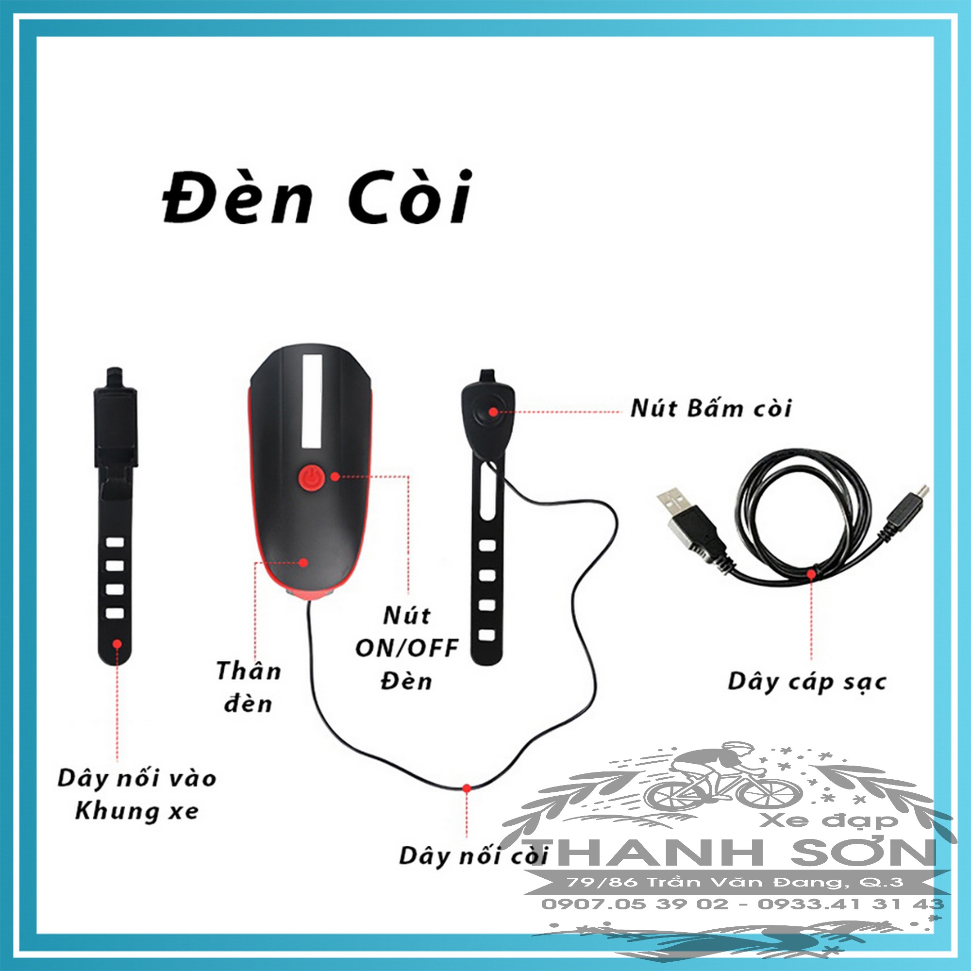 Đèn xe đạp thể thao siêu sáng có còi pin sạc usb