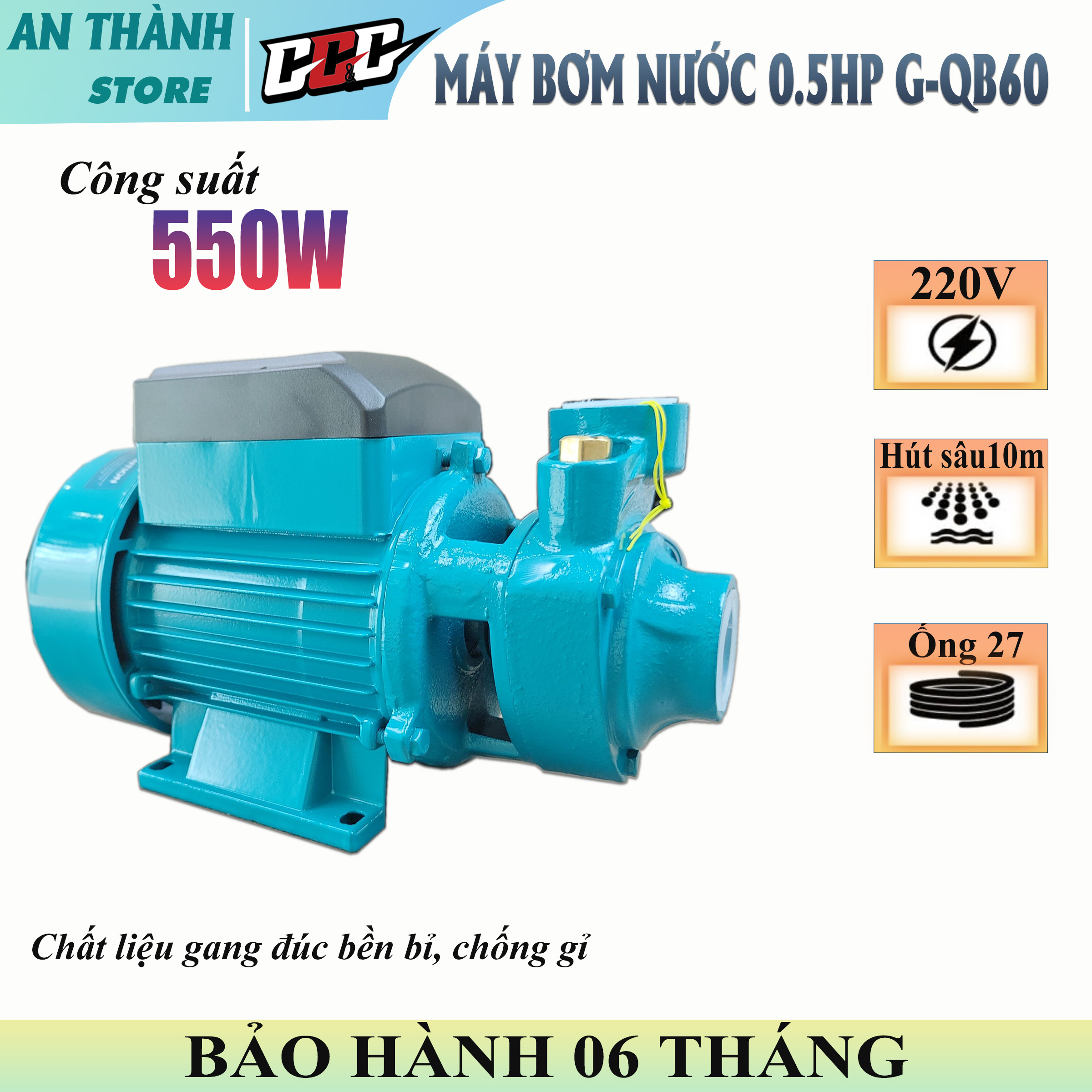  Máy bơm nước bằng điện Máy bơm G-QB60 GGG Thái Lan,công suất định mức thực 550W 