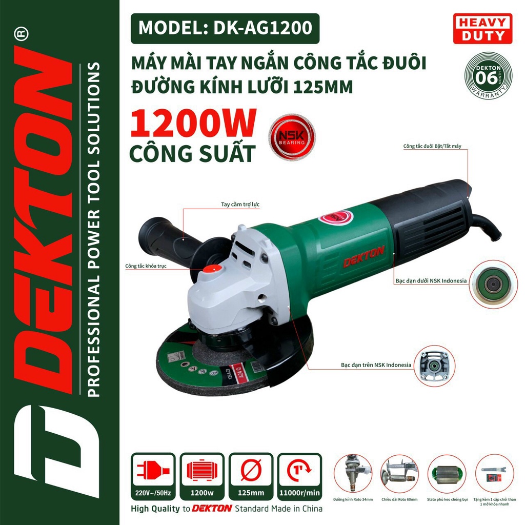 Máy mài 1200w g tắc đuôi 125mm dekton ag1200 - máy mài góc dekton bảo hành chính hãng