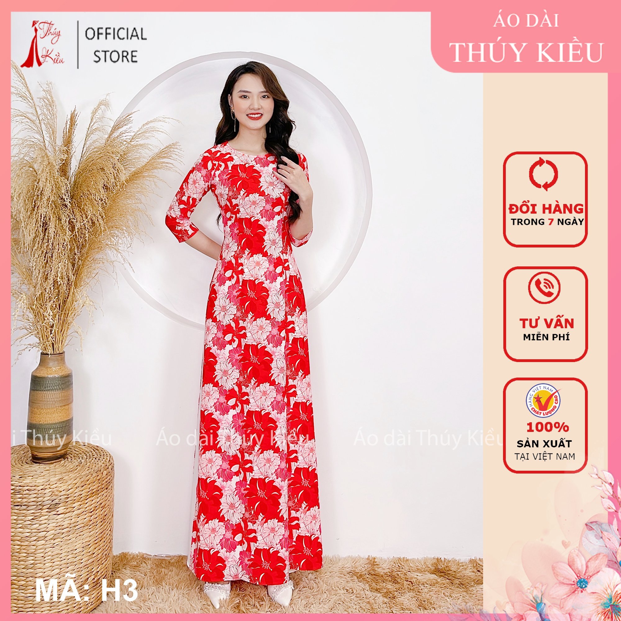 Áo dài nữ may sẵn thiết kế đẹp cách tân tết nền hoa đỏ H3 Thúy Kiều mềm mại, co giãn, áo dài giá rẻ