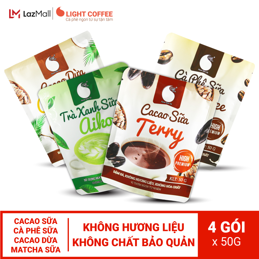 [SẢN XUẤT MỚI] Combo 4 gói Bột hòa tan cà phê sữa, cacao sữa, matcha sữa, cacao sữa dừa Light Coffee 50gr/gói, thức uống pha sẵn tiện lợi , pha uống liền