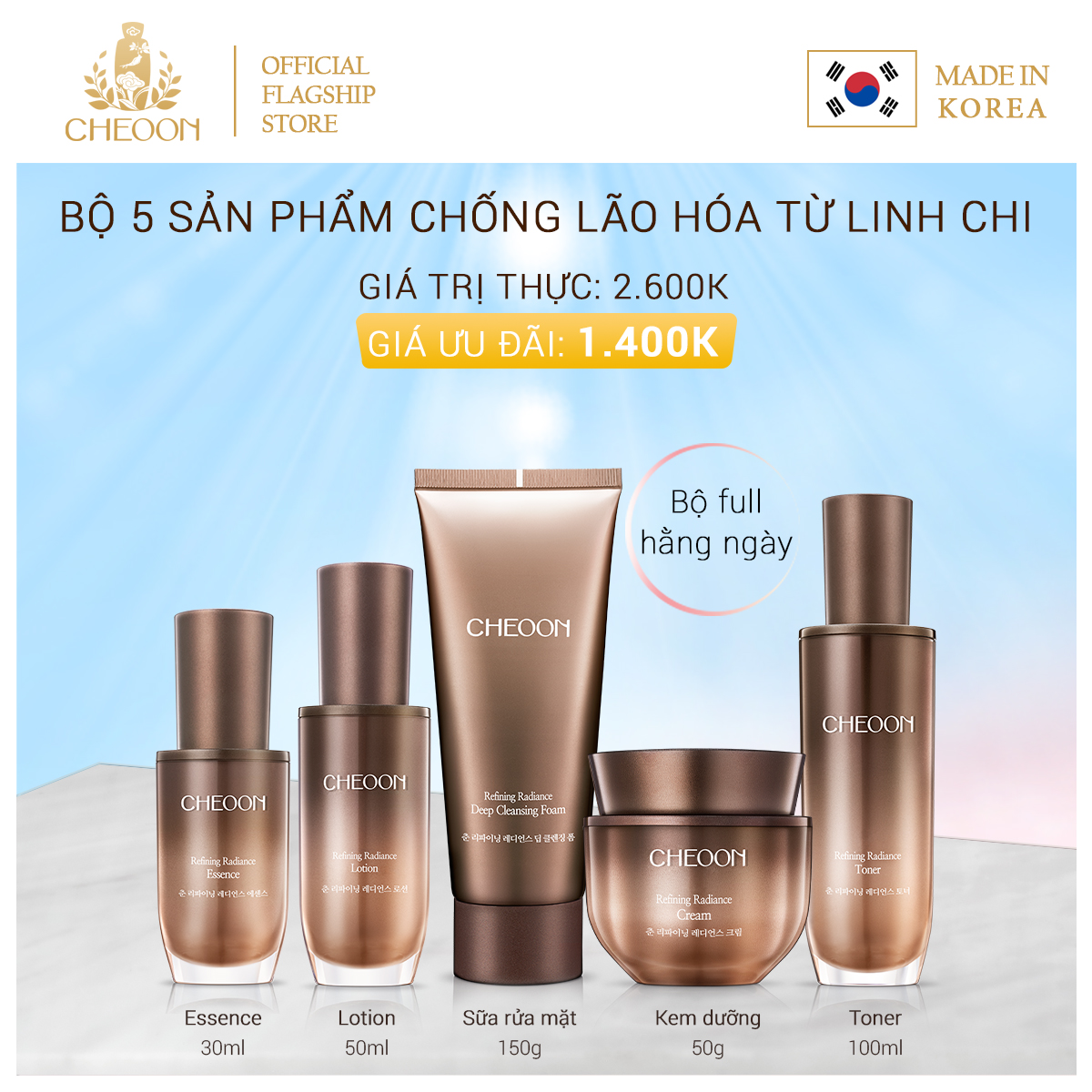 Bộ sản phẩm chăm sóc da cao cấp,da bóng mịn,đẩy lùi nếp nhăn, chiết xuất thảo dược thiên nhiên CHEOON-Refining Radiance Full Kit(Sữa rửa mặt 150g+Cân bằng da 100ml+Chất dưỡng chuyên sâu 30ml+Chất dưỡng ẩm 50ml+Kem dưỡng da 50g)