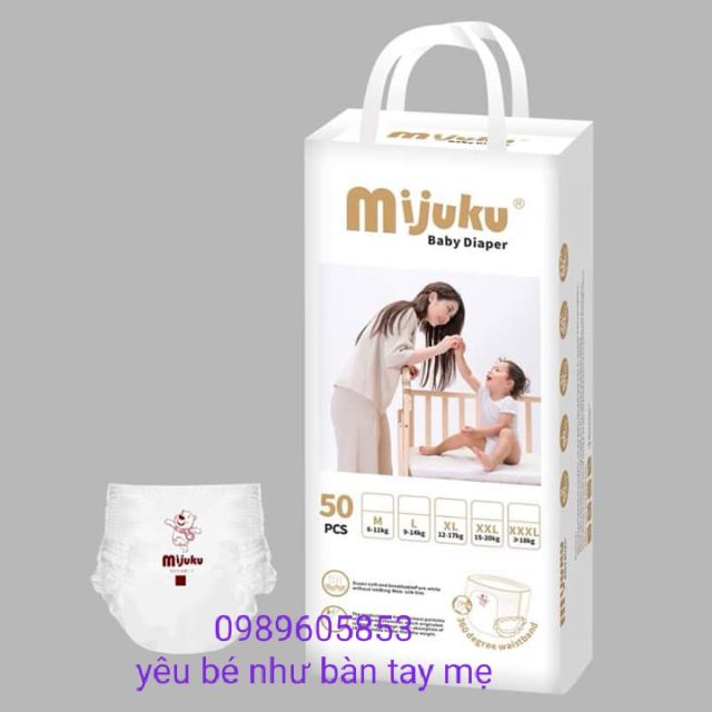 bỉm quần MIJUKU chính hãng đủ size M,L,XL,XXL, XXXL, XXXXL, XXXXXL bịch 50 cái siêu thấm hút mềm min cho be
