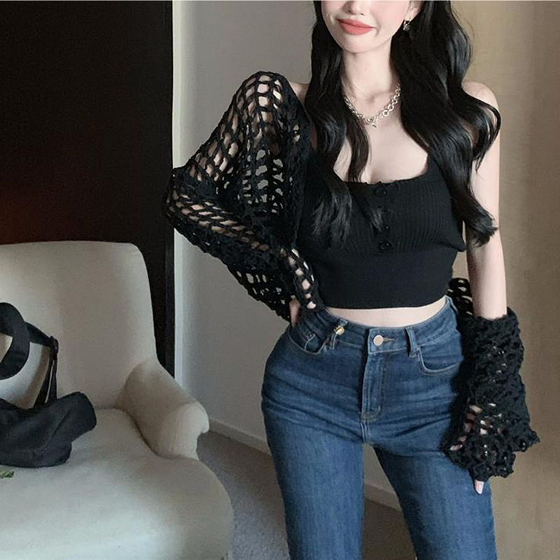 Null Y2K Áo dệt kim mùa hè Áo Khoác Cardigan dáng rộng lưới cut-out áo màu Trơn Áo ba lỗ ngắn