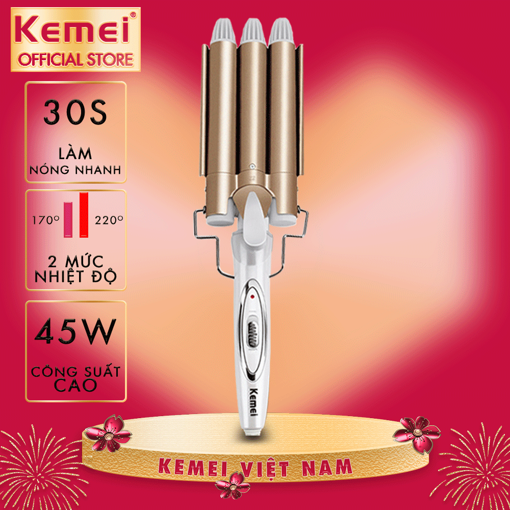 Máy uốn tóc cao cấp Kemei KM-1010 chuyên nghiệp với 3 trục uốn tiện lợi điều chỉnh 2 mức nhiệt dễ dàng điều chỉnh với 1 nút bấm