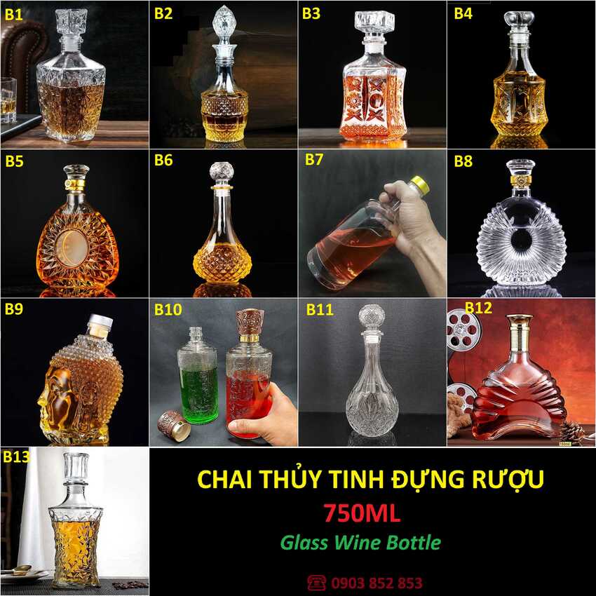 Chai đựng rượu thủy tinh 750ml – 13 mẫu lựa chọn – vỏ chai rượu đẹp làm quà biếu – chai thủy tinh đựng rượu cao cấp – bình đựng rượu thủy tinh