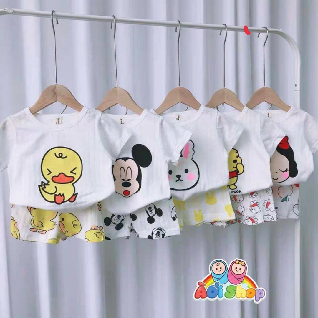 Sét 5 bộ cotton giấy cộc tay trơn in hình ( TẶNG VÒNG DÂU TẰM CHO BÉ )