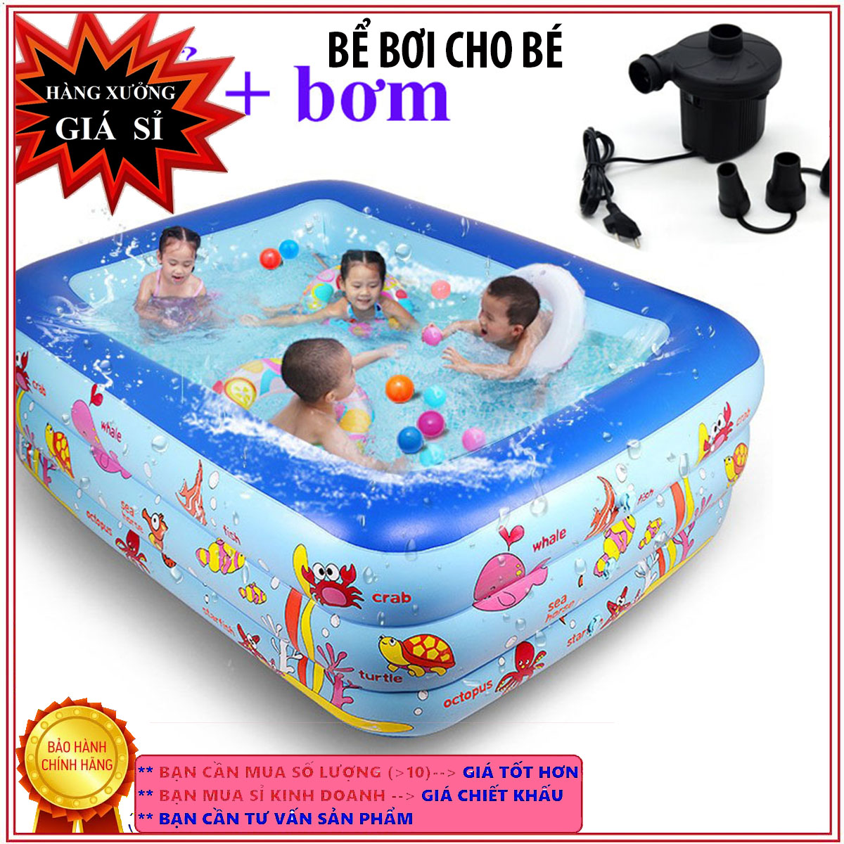 [TẶNG KÈM BƠM ĐIỆN] Bể bơi phao cho bé 3 tầng hình chữ nhật 1m8, bể bơi phao trong nhà, gia đình, hồ bơi bể tắm cho bé cho trẻ em tập bơi cho bé vui chơi với nước tại nhà