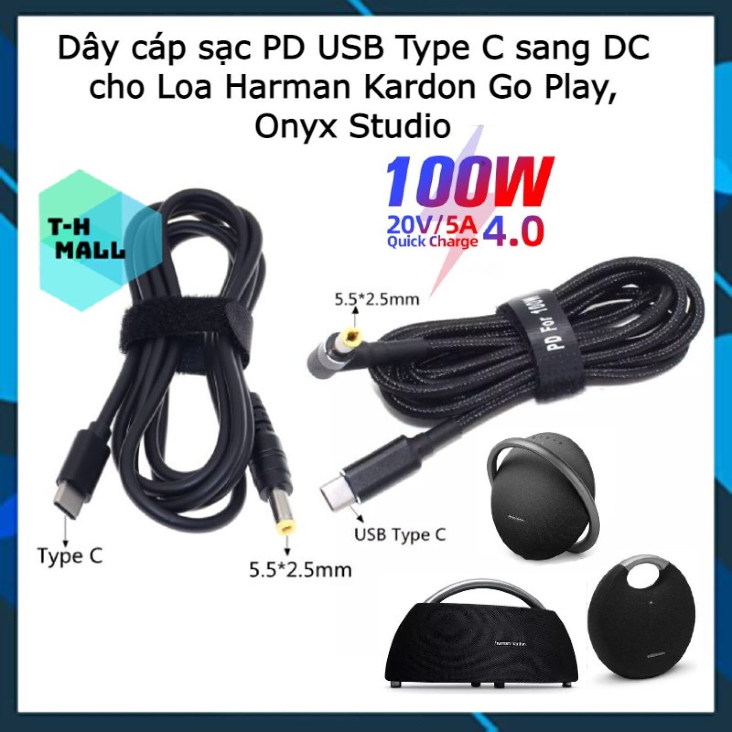 Dây cáp sạc pd 65w 100w 20v usb type c sang dc cho loa harman kardon go play, onyx studio