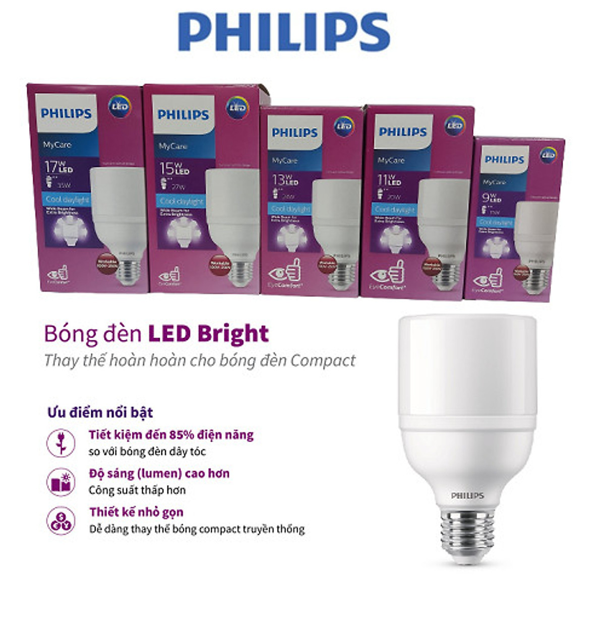 Bóng đèn LED Bright Philips 9W11W E27 ánh sáng Trắng Vàng ấm 230V