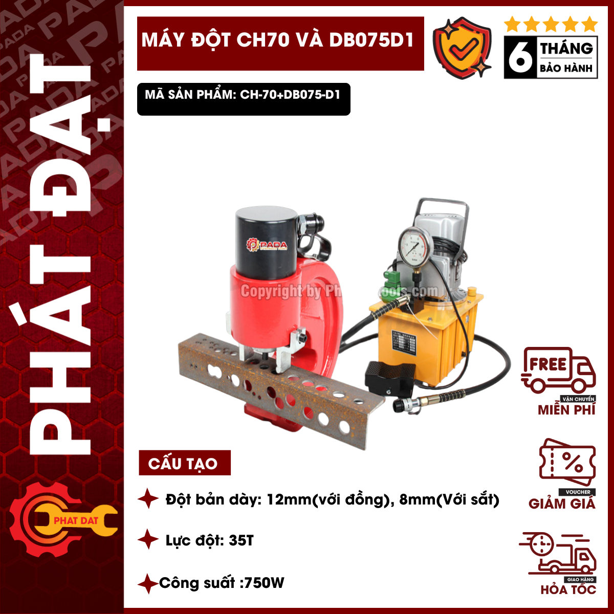 Combo of Hydraulic Punching Machine Ch70 & Electric Hydraulic Pump Db075D1 Giá 13,270,000 Đồng*Miễn phí vận chuyển