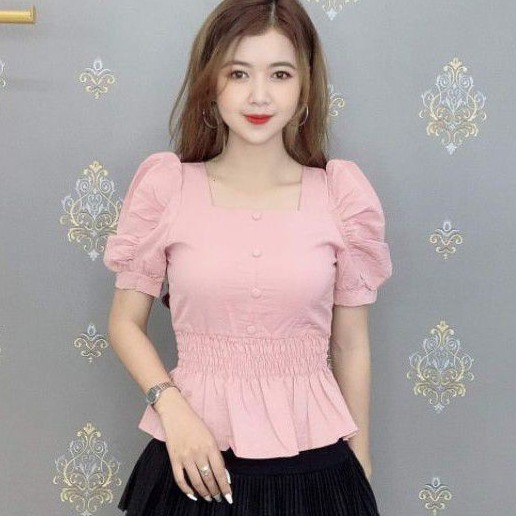 Áo Kiểu Ngắn Tay Chất Đũi _Thiết Kế Chun Eo Đính Khuy Bọc