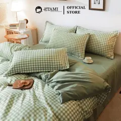 Bộ chăn ga gối đệm cao cấp ETAMI cotton poly kẻ xanh cute  bo chun drap giường , ga trải giường P13