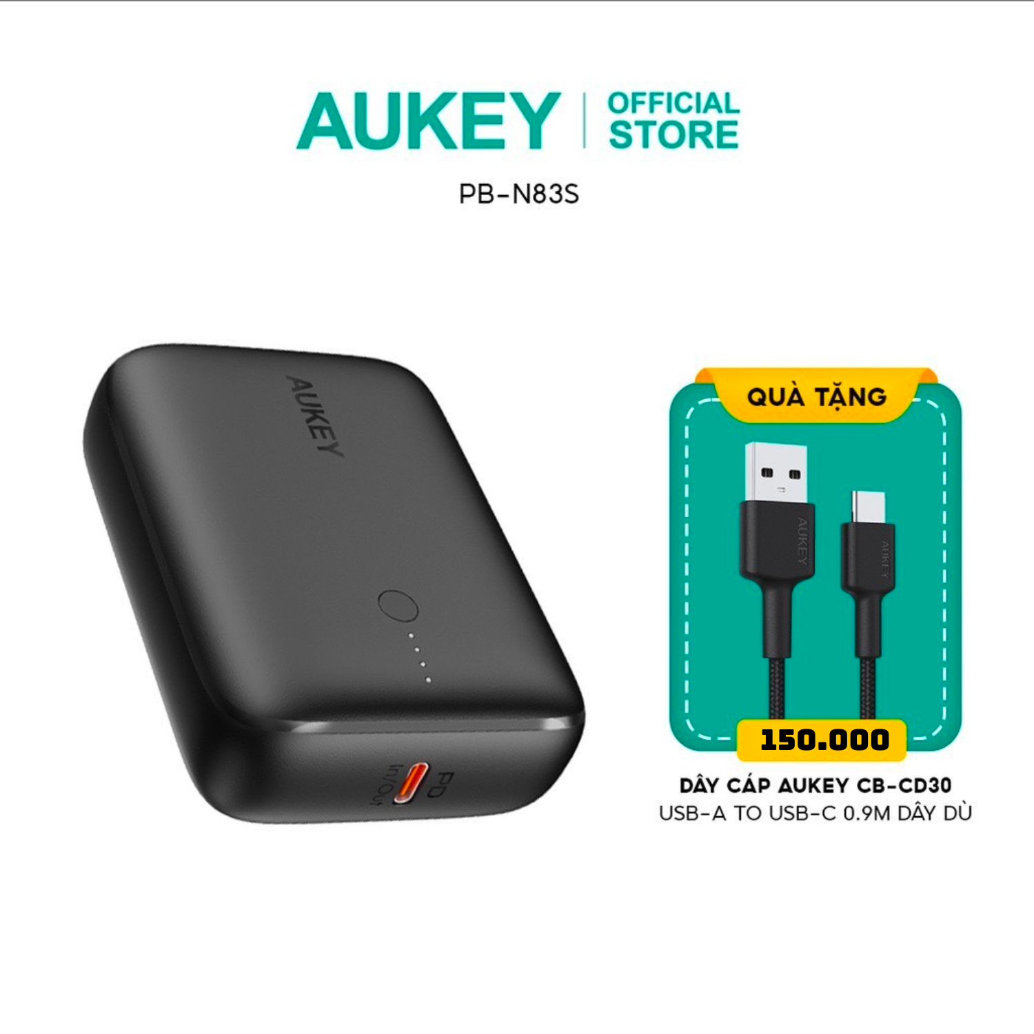 Tặng dây cáp 150k chỉ 2529.12 Pin sạc dự phòng 10.000mAh hỗ trợ sạc nhanh 20W 2 cổng công nghệ PD nhỏ gọn nhất thế giới Aukey PBN83S