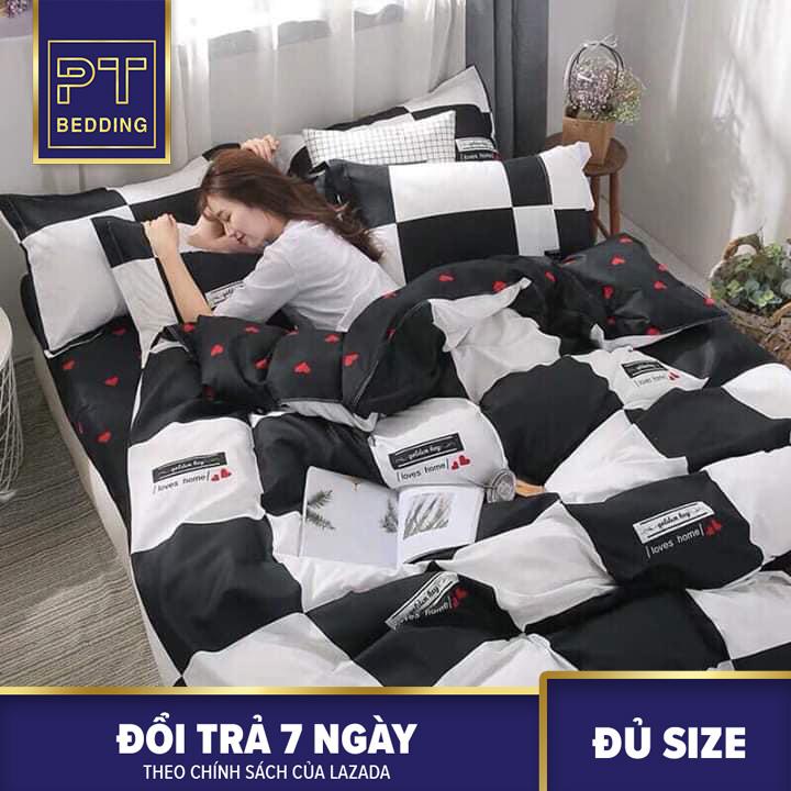 Bộ Chăn Ga Gối ( 01 Drap + 1 vỏ mền + 2 áo gối ) Caro đen trắng
