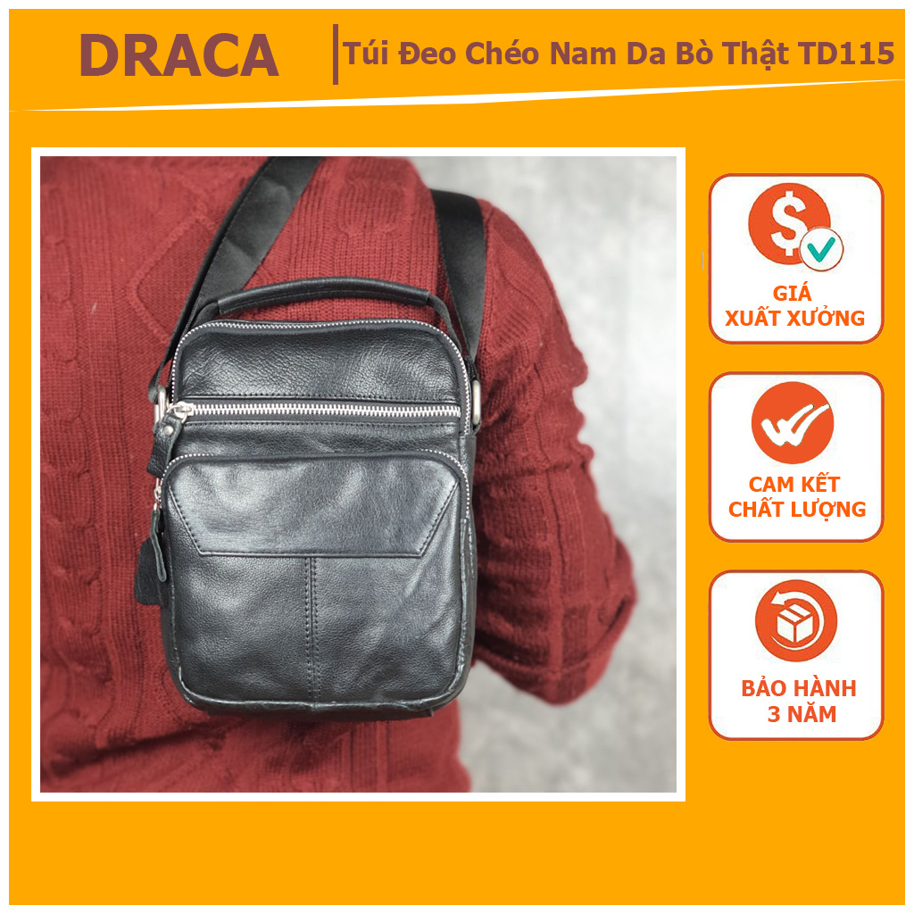 _ DA THẬT_Túi đeo chéo nam da bò thật TD115 - 100% da thật, BH 3 năm, Túi đeo chéo nam da bò đẳng cấp - phong cách dễ phối đồ, Túi đeo chéo da bò thật cao cấp chất lượng cao - Draca Offical
