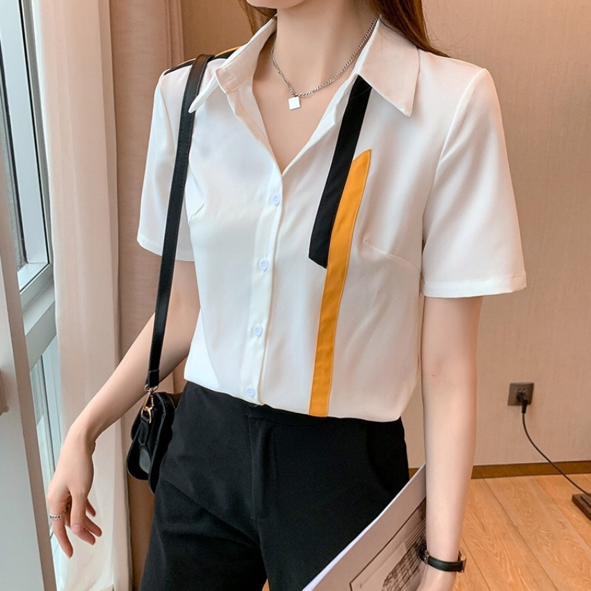 Áo sơ mi nữ ngắn tay phối sọc màu đen vàng thời trang công sở nữ cao cấp