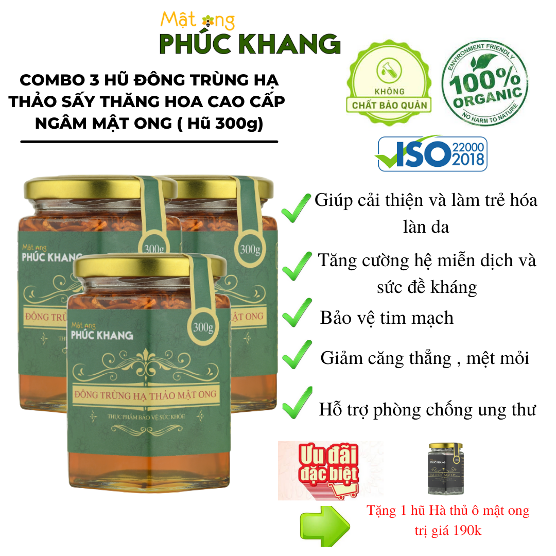Combo 3  Đông trùng hạ thảo mật ong Phúc Khang 350GR-  Tặng 1 Hũ hà thủ ô  - Đông trùng hạ thảo khô sấy thăng hoa ngâm mật ong rừng  , Ngăn lão hóa ,phòng ngừa ung thư ,tim mạch ...làm quà biếu , quà tặng