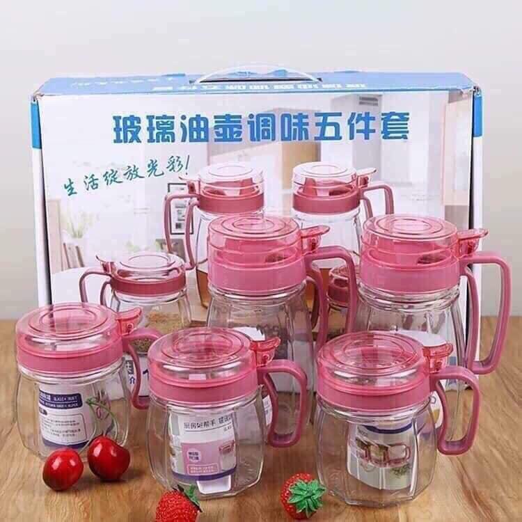 Set 5 hũ gia vị thủy tinh có tay cầm