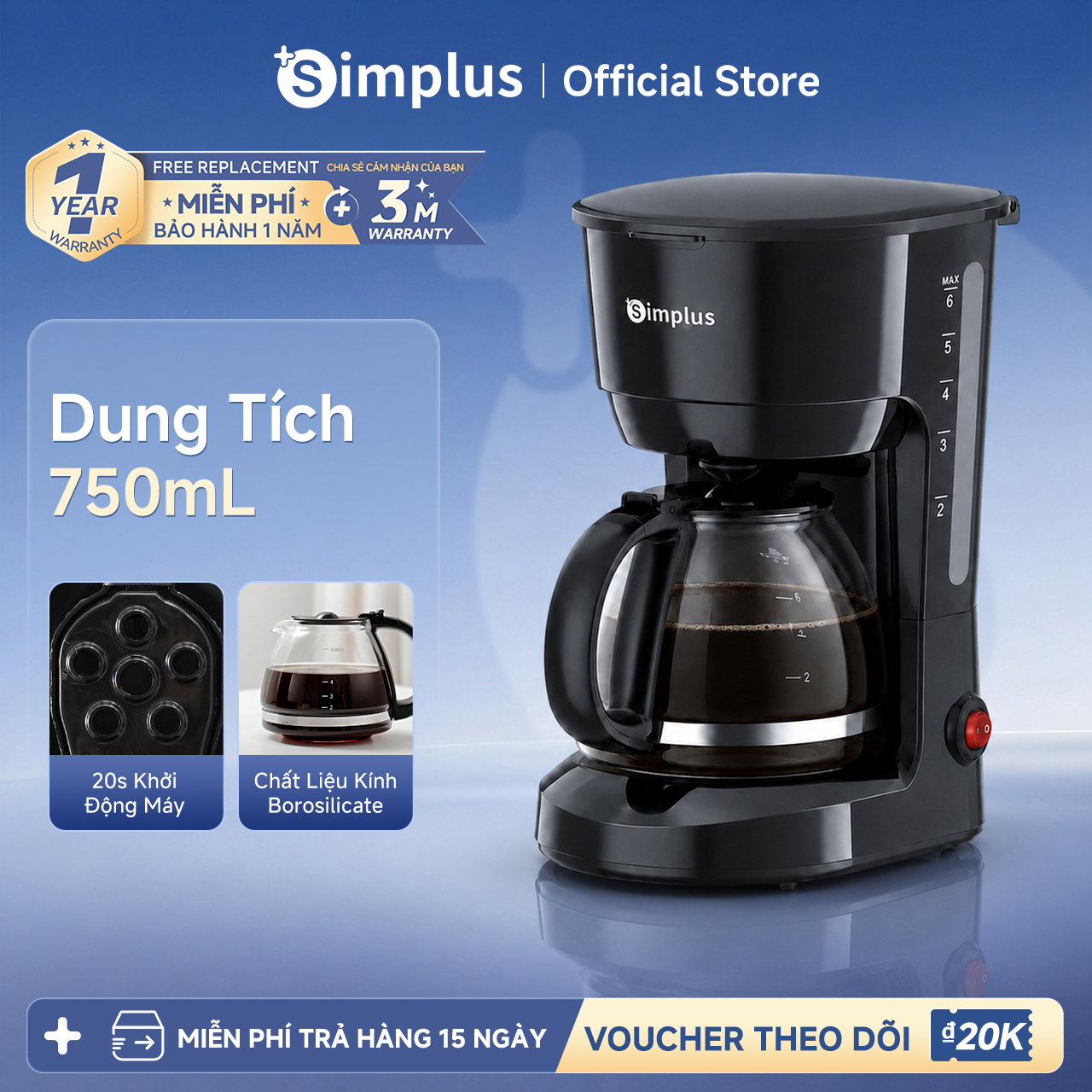 Simplus Coffee Maker Family Filter Coffee Maker Large Capacity 750ml Convenient for Making Tea and Coffee Kfjh011- 1 Year Warranty 1 for 1 Exchange