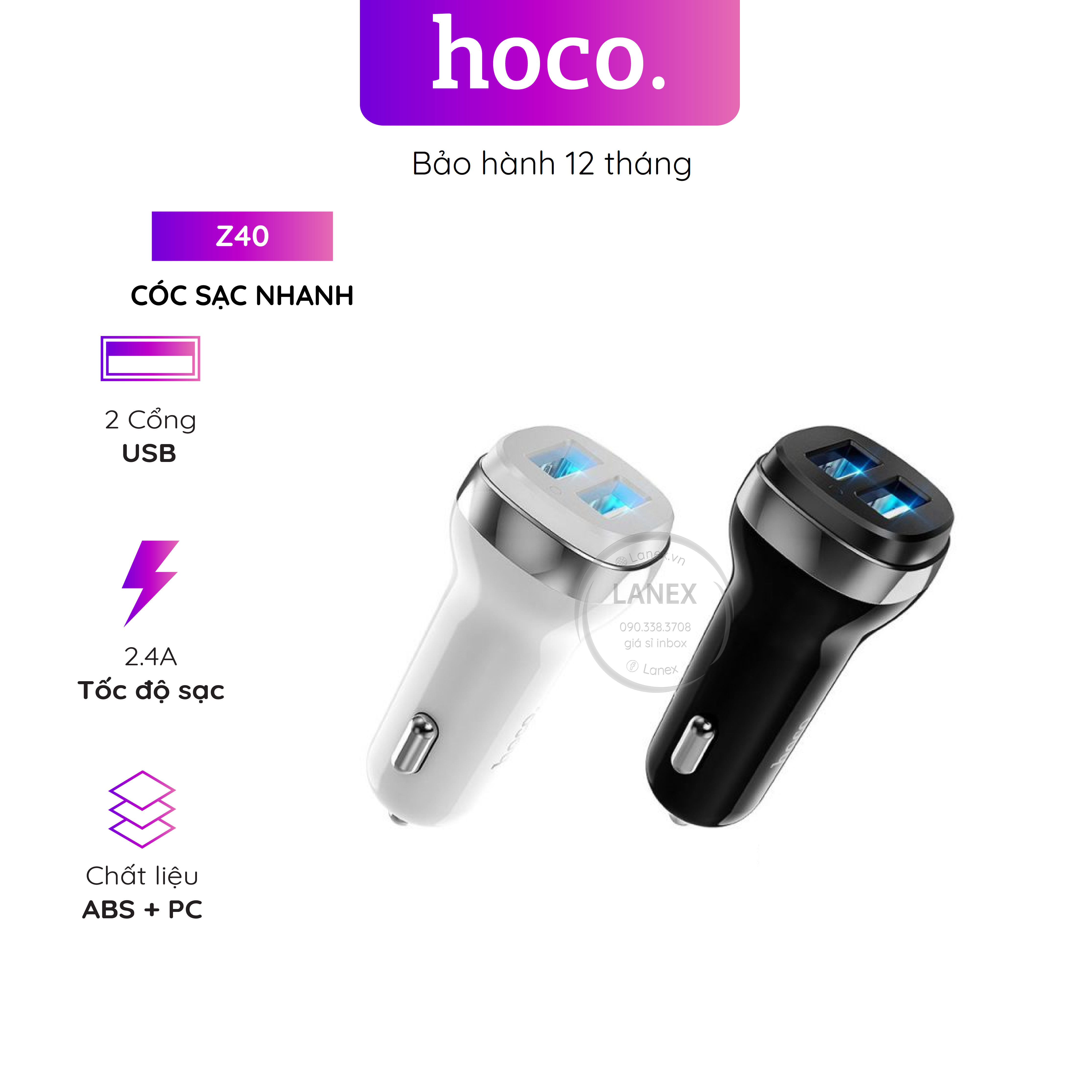 Cóc sạc nhanh xe hơi hoco z40 2 cổng usb 2.4a