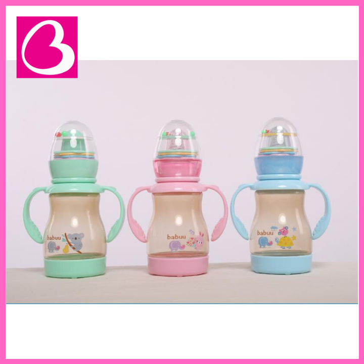 (Tặng ty) Bình sữa Nhật Bản Babuu Baby cổ chuẩn tay cầm kèm đồ chơi lục lạc cho bé