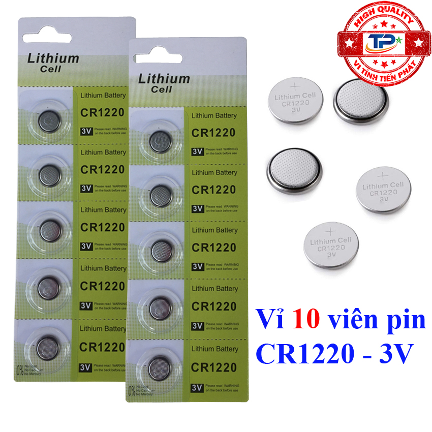 Vỉ 10 viên pin nút áo Lithium CR1220 3V Pin Không Chứa Hg và Cd, cmos dùng cho rất nhiều thiết bị điện , điện tử