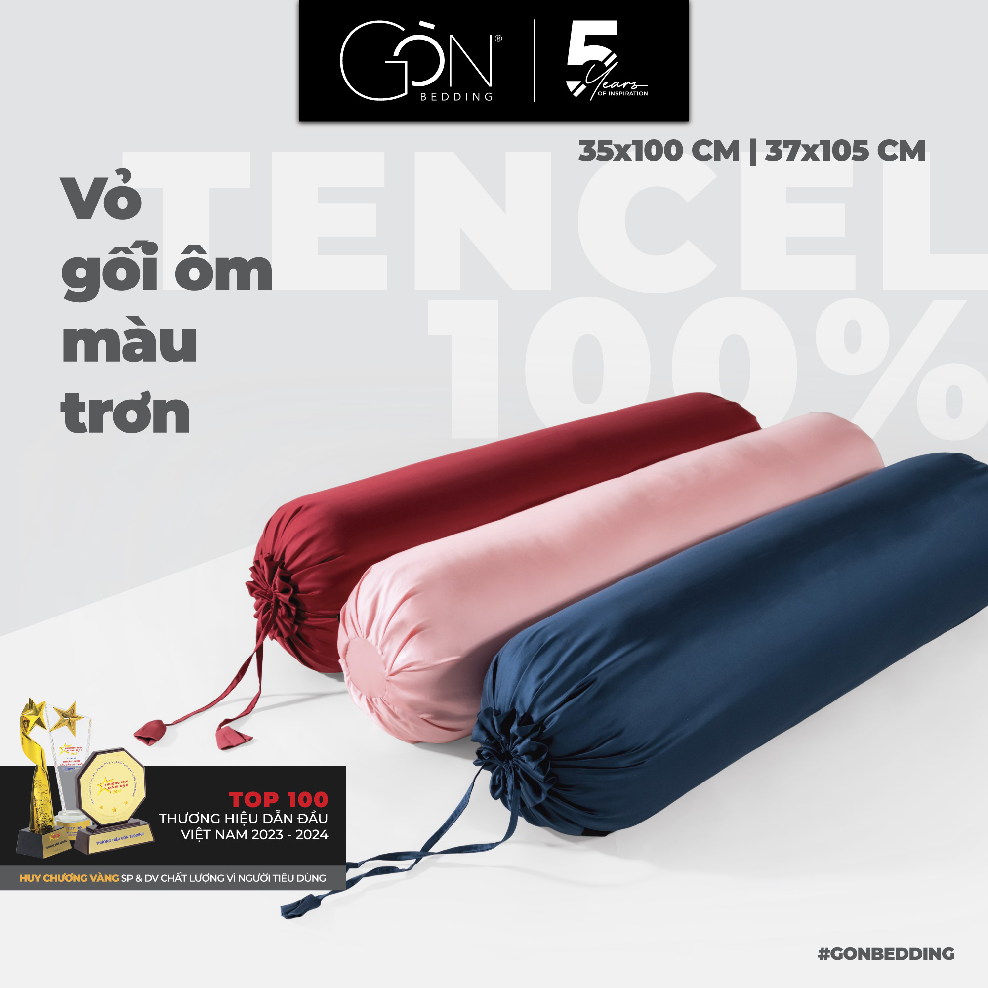Vỏ Gối Ôm Lụa TENCEL Cao Cấp Gòn Bedding Màu Trơn Kích Thước 37x105 cm, Bề Mặt Vải Siêu Mát, Đặc Biệt Không Xù Lông (24 Màu)