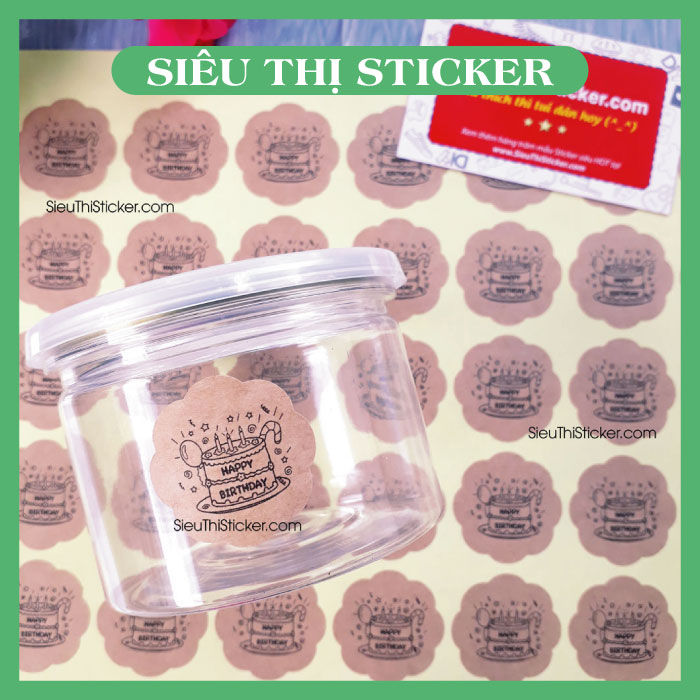 Tem kraft Happy Birthday hình hoa, dán trang trí hộp bánh, mứt, thiệp sinh nhật, quà tặng sinh nhật.