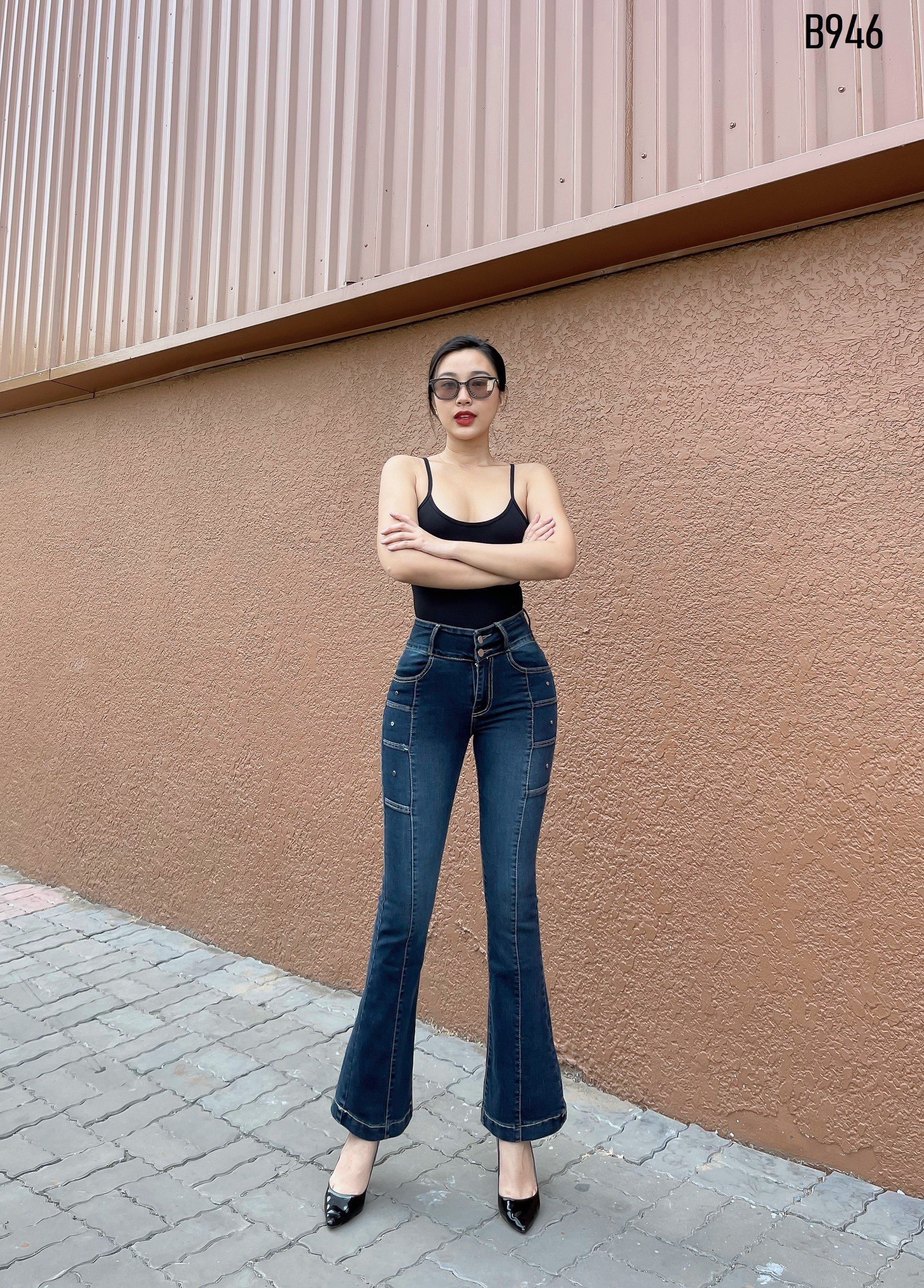 Quần jeans nữ ống loe dài lưng cao co giãn phối sườn thời trang