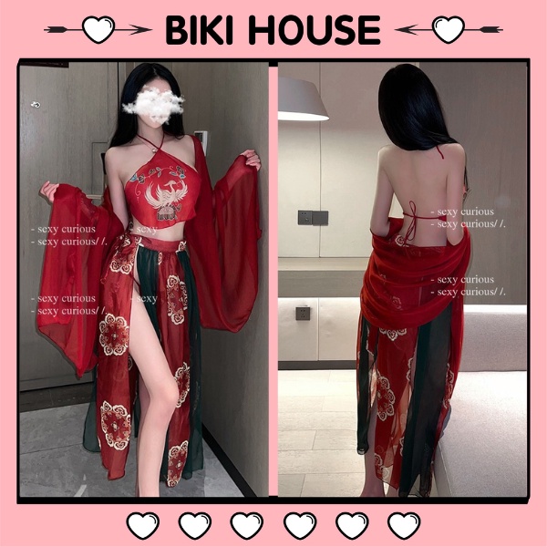 Đồ cosplay cổ trang Trung Hoa họa tiết hoa cao cấp set Hán phục áo yếm kèm khăn choàng tặng chip lọt khe gợi cảm BIKI HOUSE N794 - TPHCM